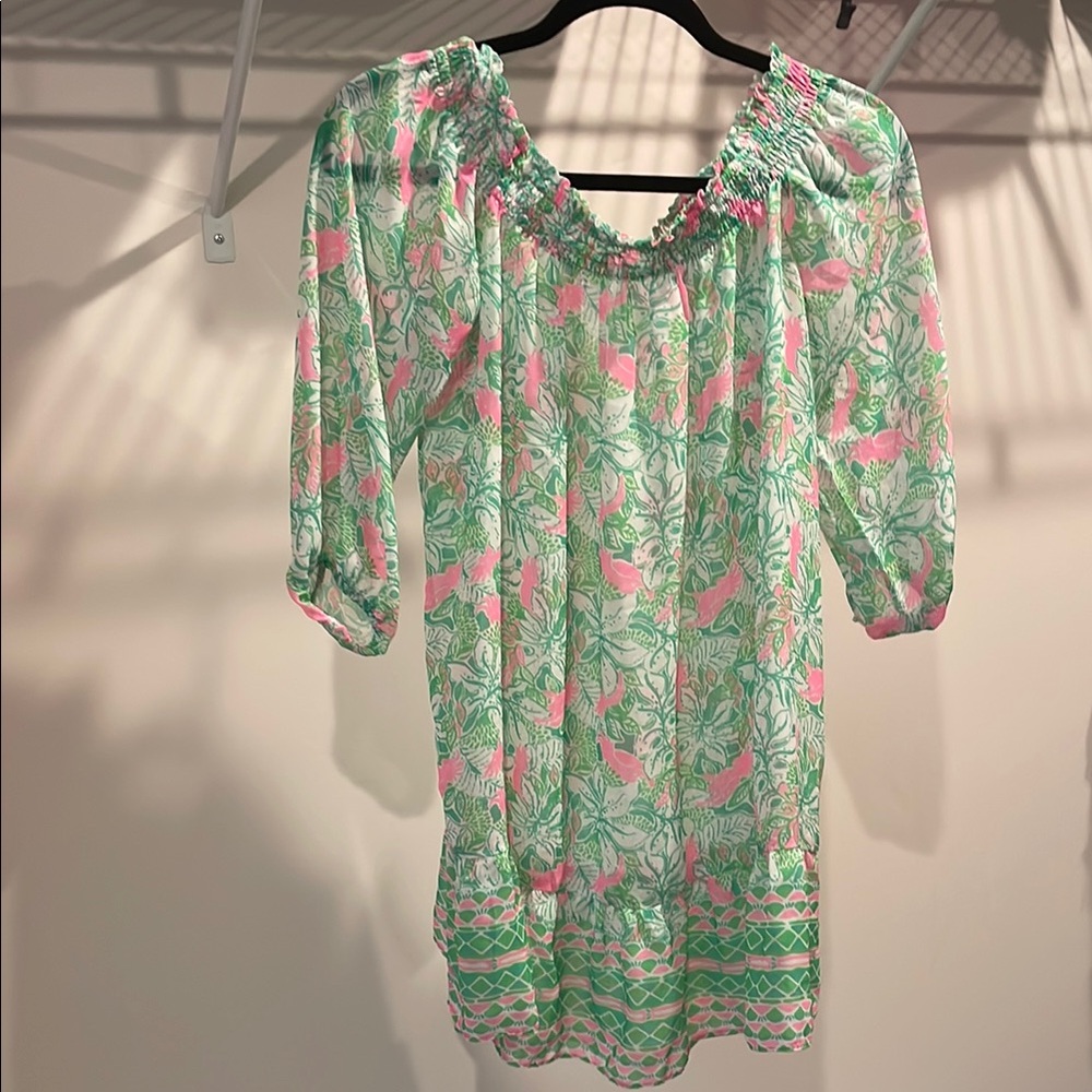 Lilly Pulitzer Green and Pink Bishop Sleeve Sundress Coverup
